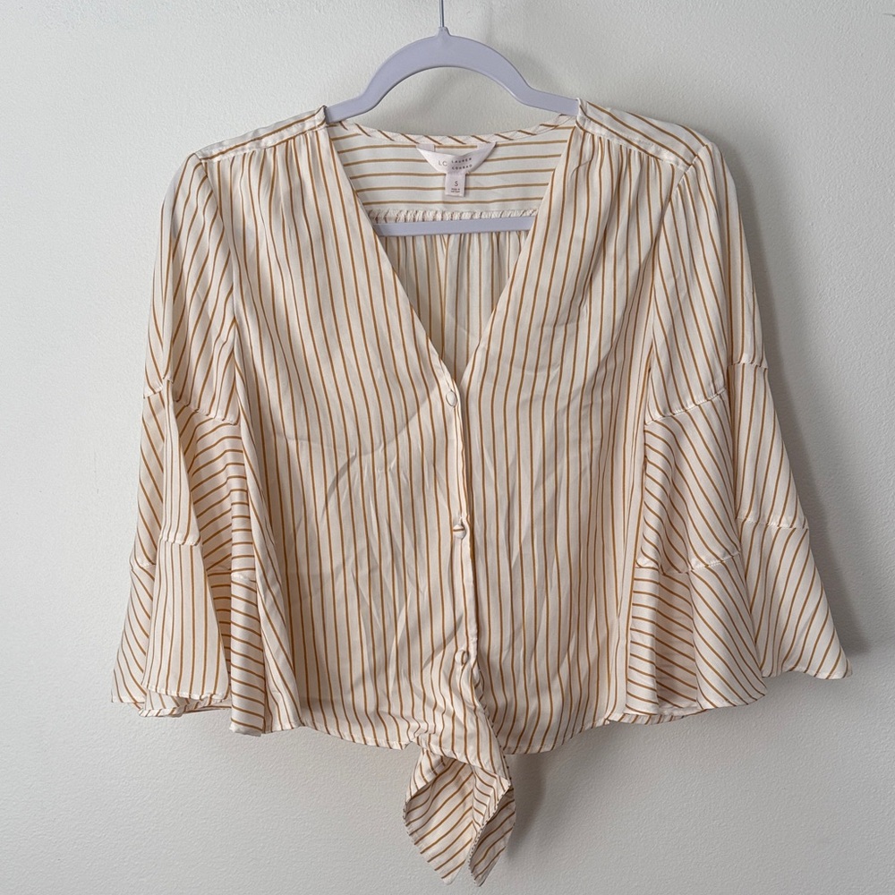 LC Lauren Conrad Beige Striped Blouse with Tie Front